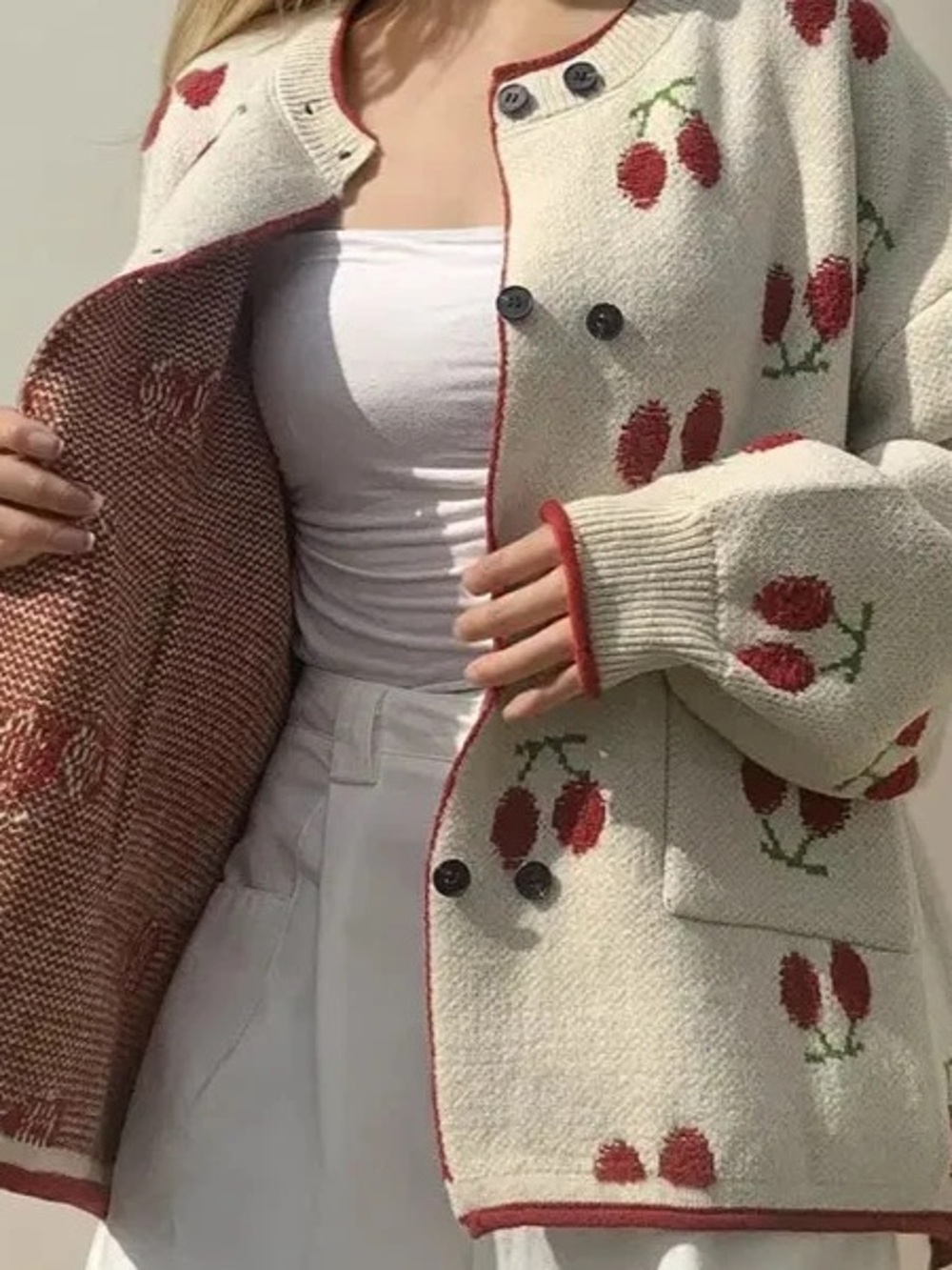 Freckle LA Cream Cherry-Print Knit Cardigan Sweater
